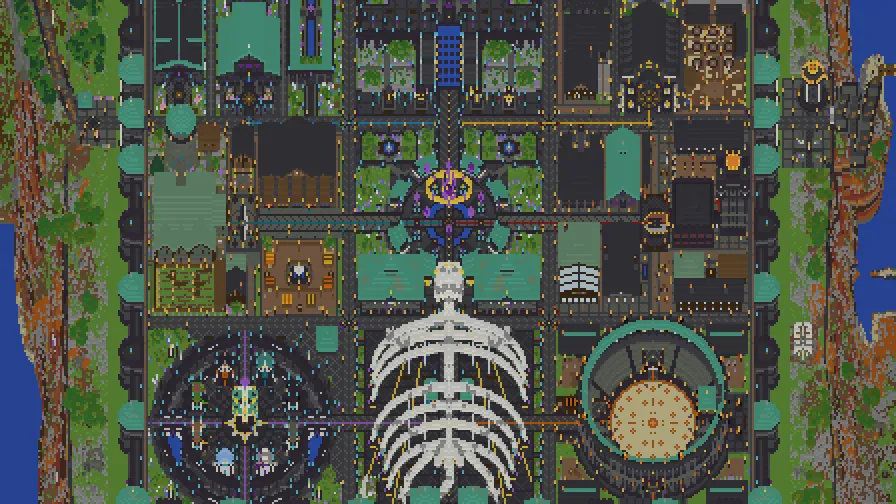 Aetherreach from above: a dark walled city with teal domes, glowing streets, a round arena and the bones of a giant dragon.