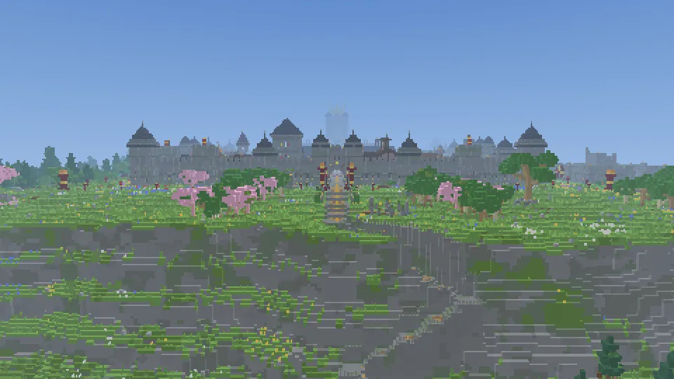 The stone walls and pointed towers of Crownfall on a green hill, with cherry trees and a lit stairway leading up to the gate.