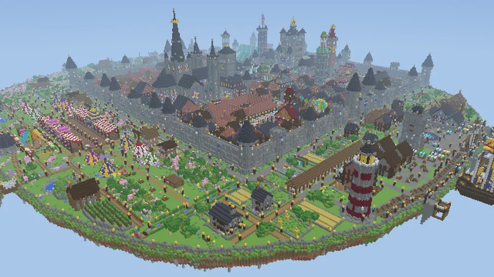 Kingsgate seen from the air: a walled city of dark-roofed towers on a floating island, with gardens, farms, striped market tents and a red and white lighthouse.